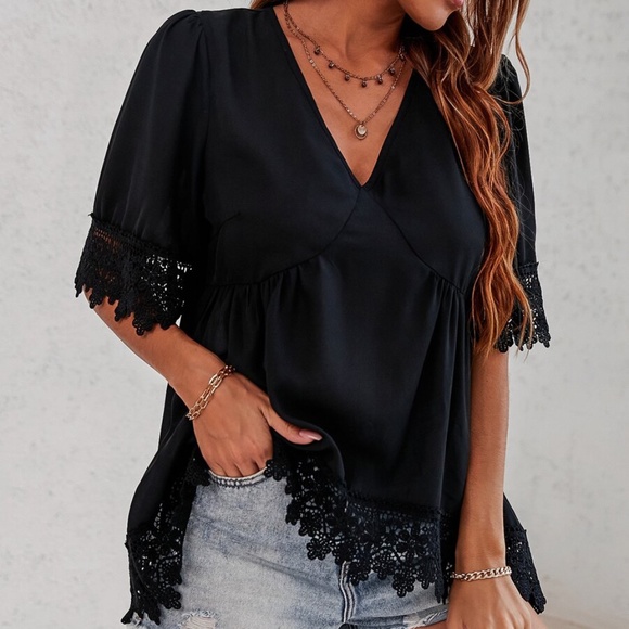 Boho Black Embroidered Floral V neck Top - Picture 3 of 7